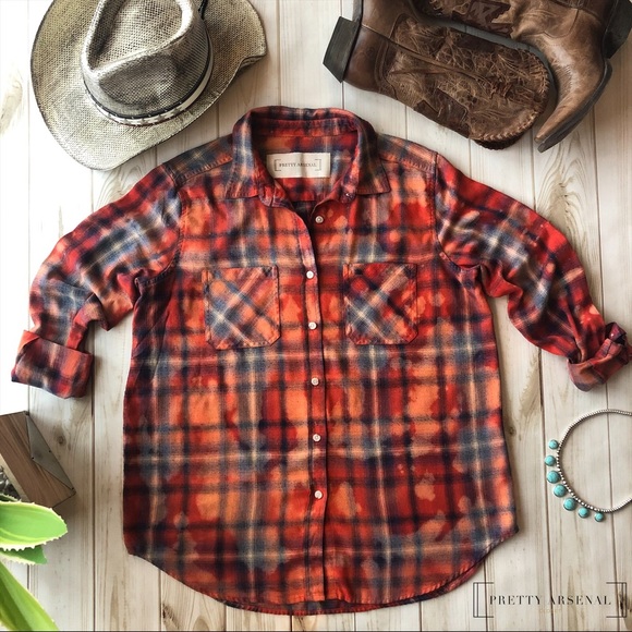 “HONKY TONK” DISTRESSED BLEACHED PLAID FLANNEL - Picture 2 of 7